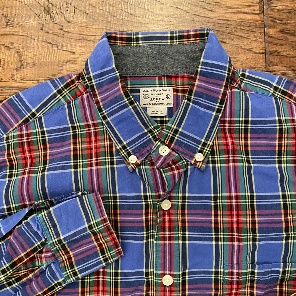 J.Crew Button Down Shirt Mens Large Blue Plaid Long Sleeve Cotton Tailored Fit